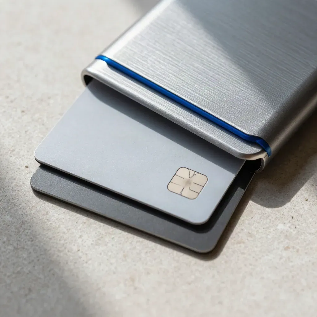 Top-down macro still life of blank contactless cards, a frosted chip carrier, and an aluminium case on stone.
