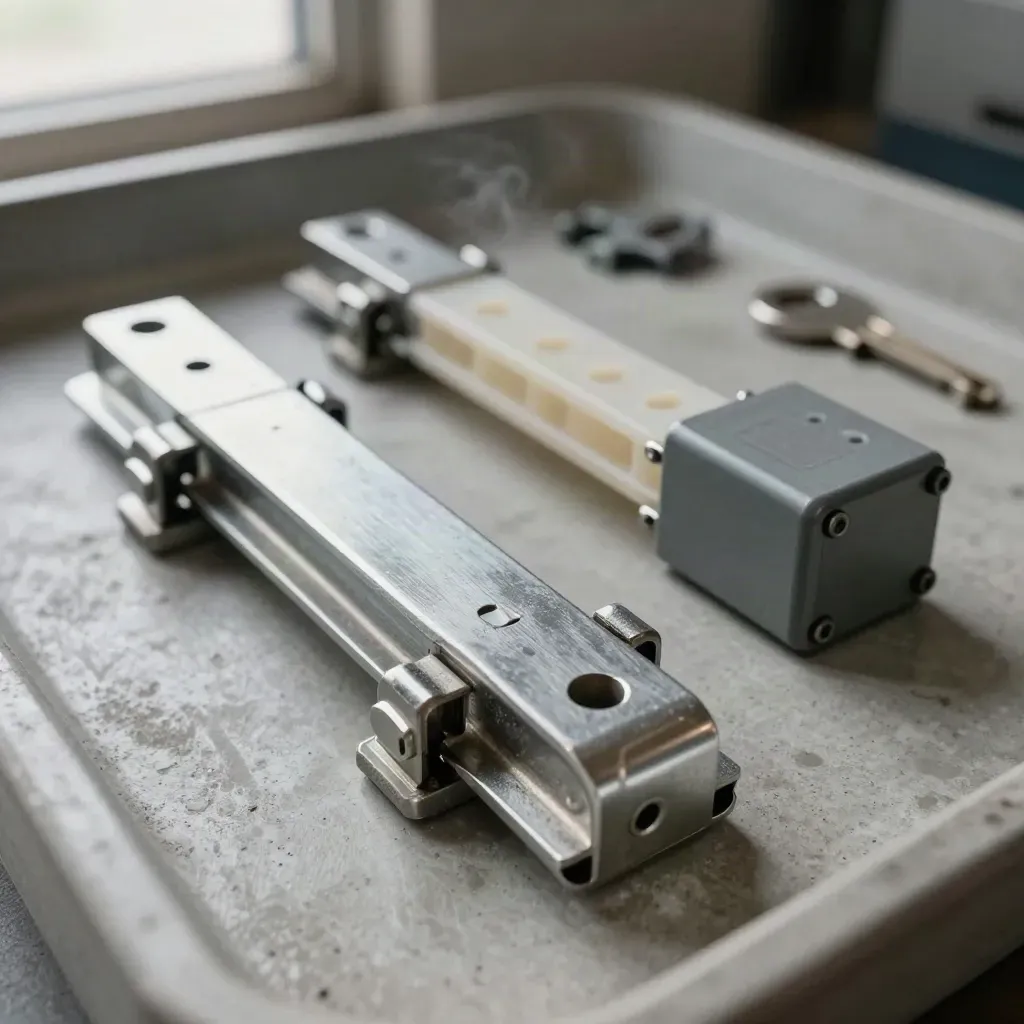 Steel rail clips, spacer and relay casing on concrete in a dramatic transport still life
