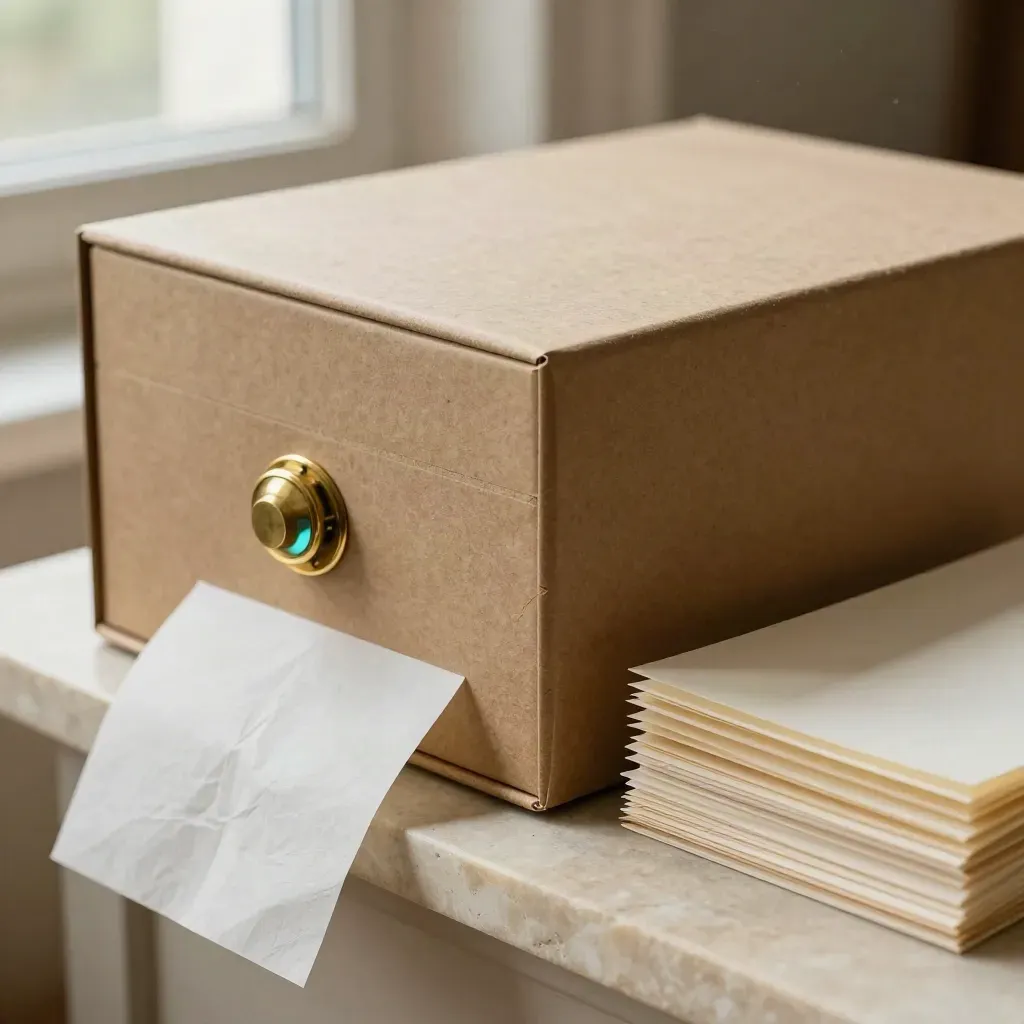 Sealed archive box, brass seal and acid-free sleeves on pale limestone with soft window light.