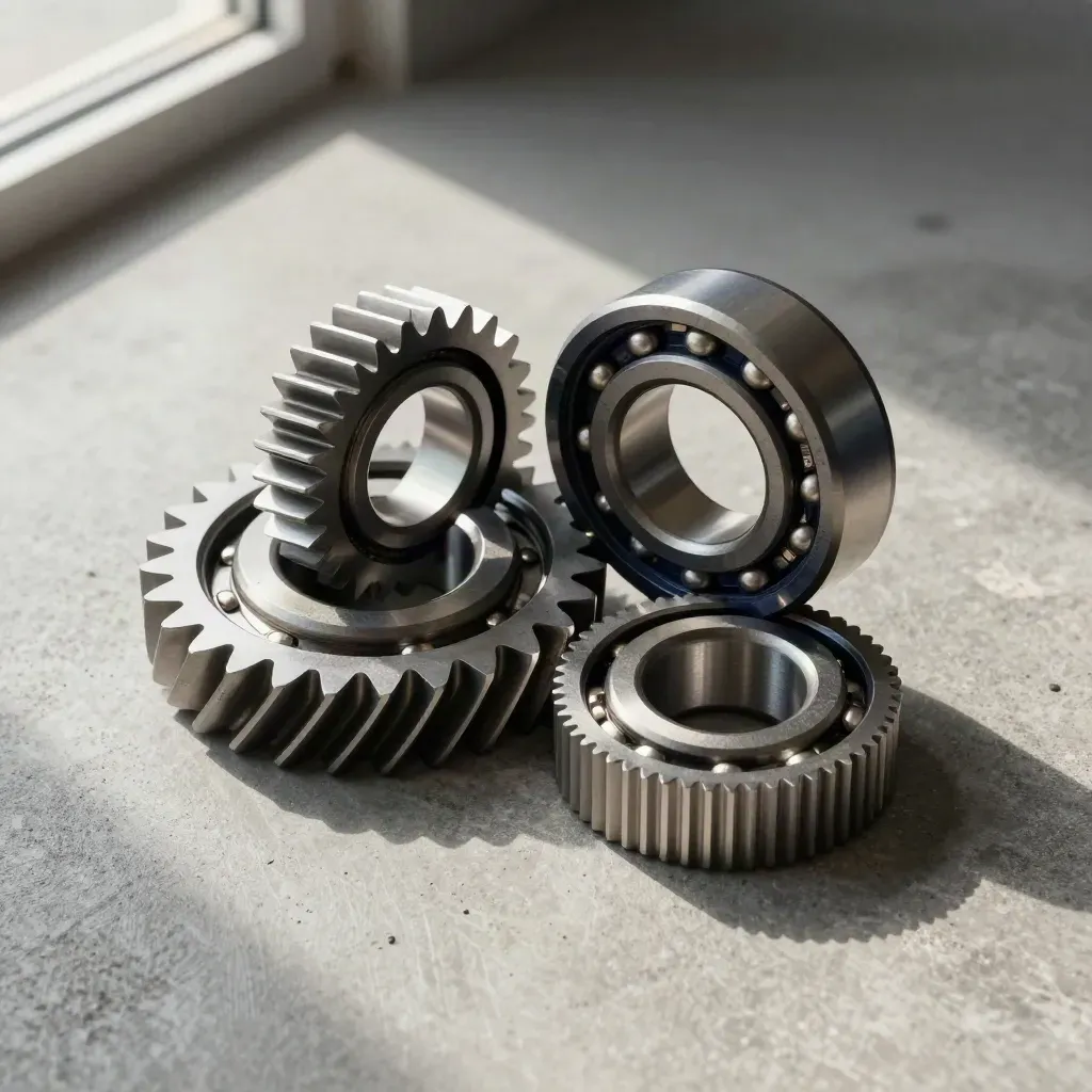 Machined gear blank, bearing, and knurled spacer on cool concrete, top-down industrial still life.