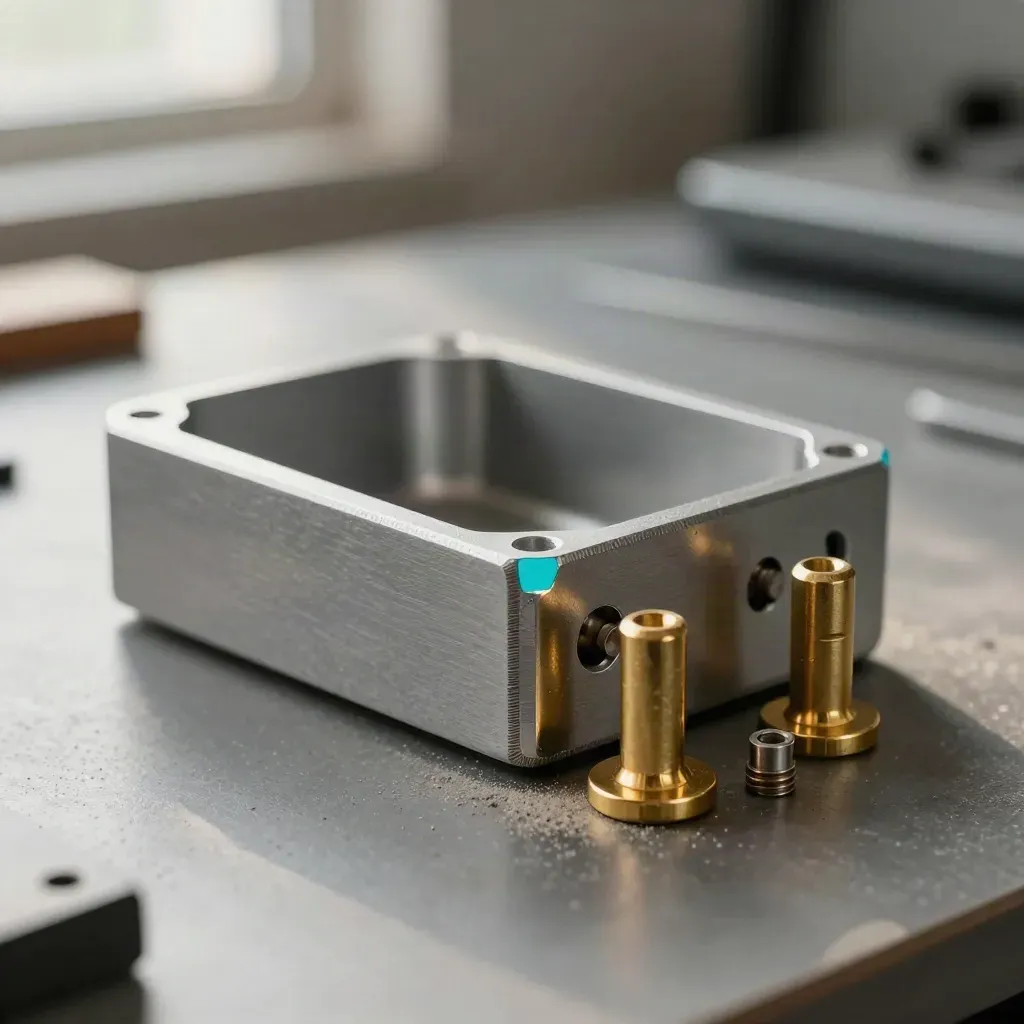 Macro of an anodized prototype enclosure, brass standoffs and spacers on a graphite workbench