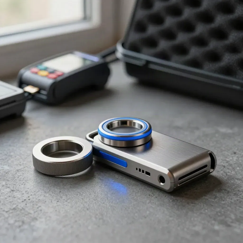 Merchant payments kit with security token, NFC ring, and aluminium module on graphite concrete.