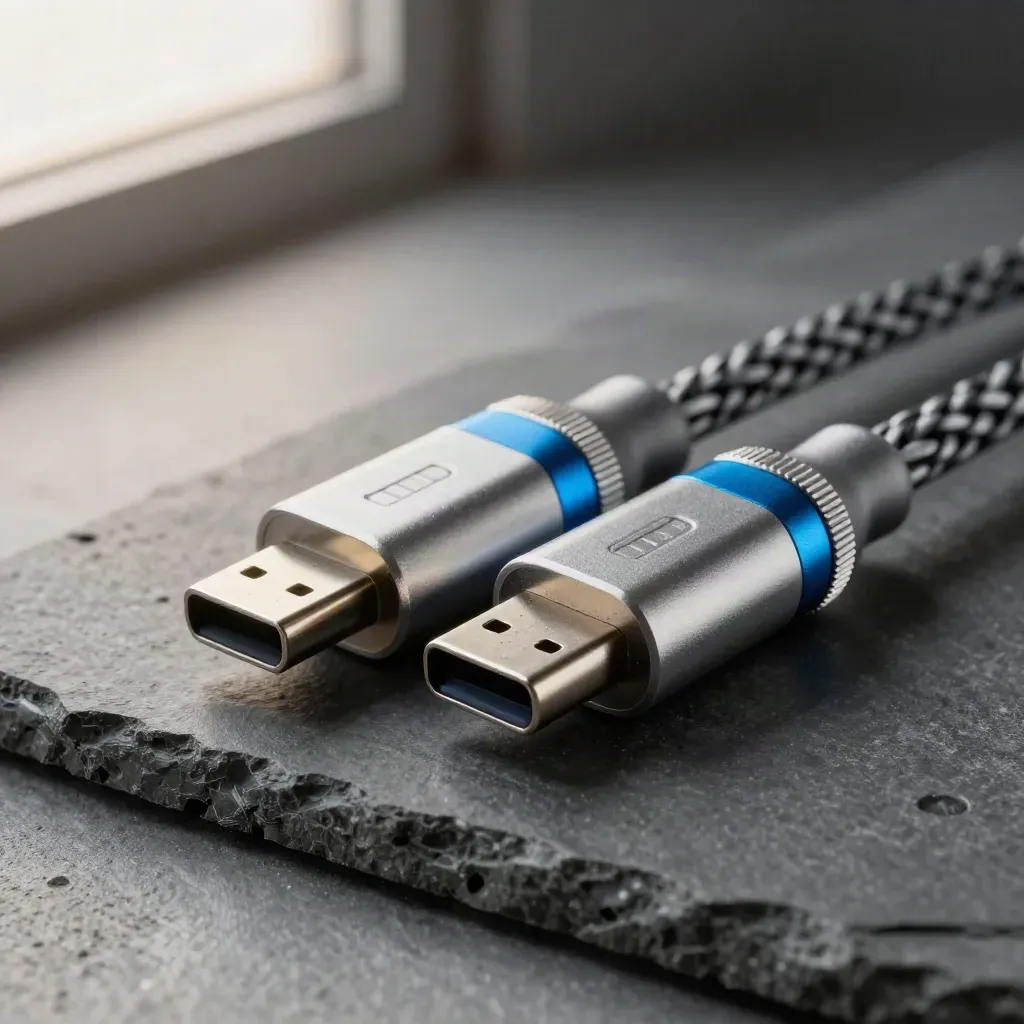 Macro of cable couplers and a USB-C adapter aligning on a stone surface