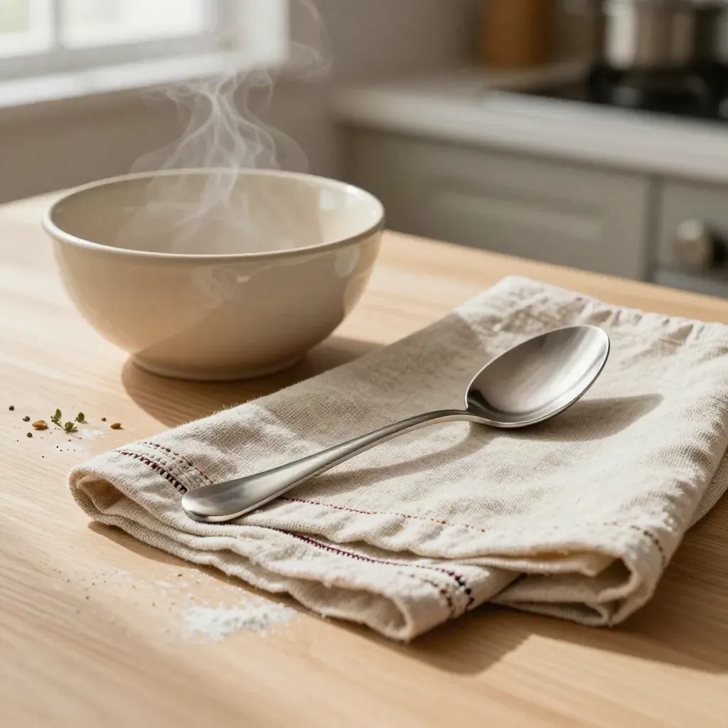 Stainless tasting spoon, ceramic bowl and folded linen on pale wood with warm steam