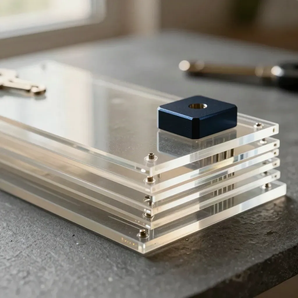 Clear acrylic flow templates and spacer posts arranged as a premium SaaS prototype still life.