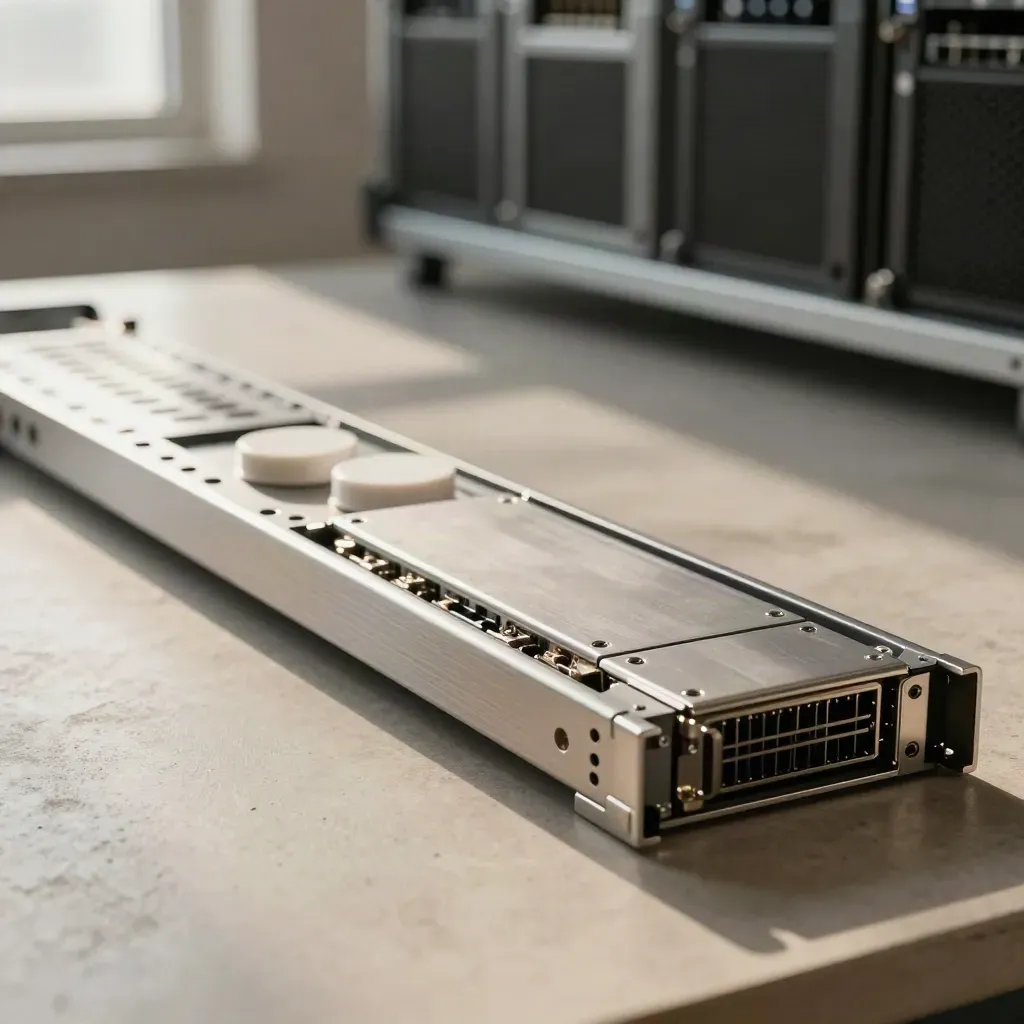 Server rail brackets, SFP caps and a drive sled on a concrete workbench with soft daylight.