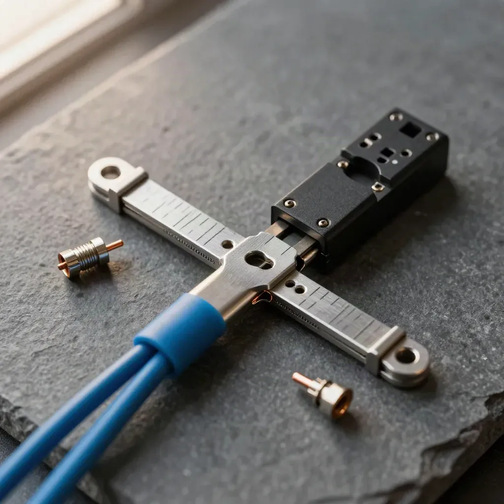 Macro flat lay of relay blocks, split cable harness and routing clips on graphite stone.