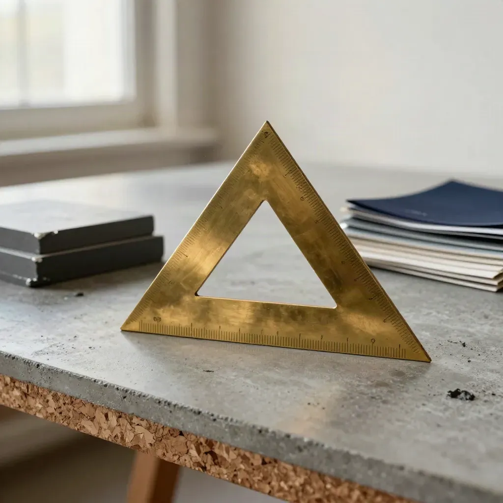 Brass drafting triangle with graphite blocks and material swatches on concrete.