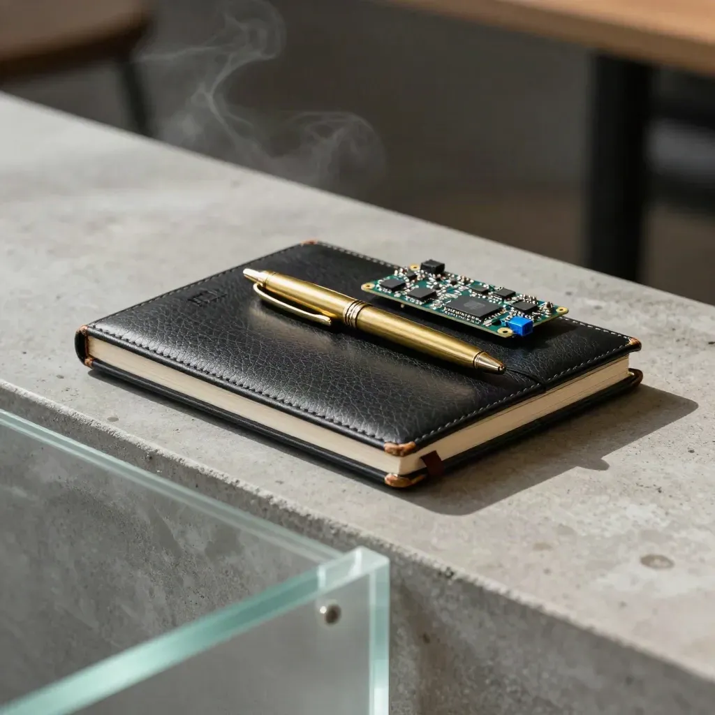 Closed notebook, brass pen and prototype circuit board behind frosted acrylic, lit with soft daylight.