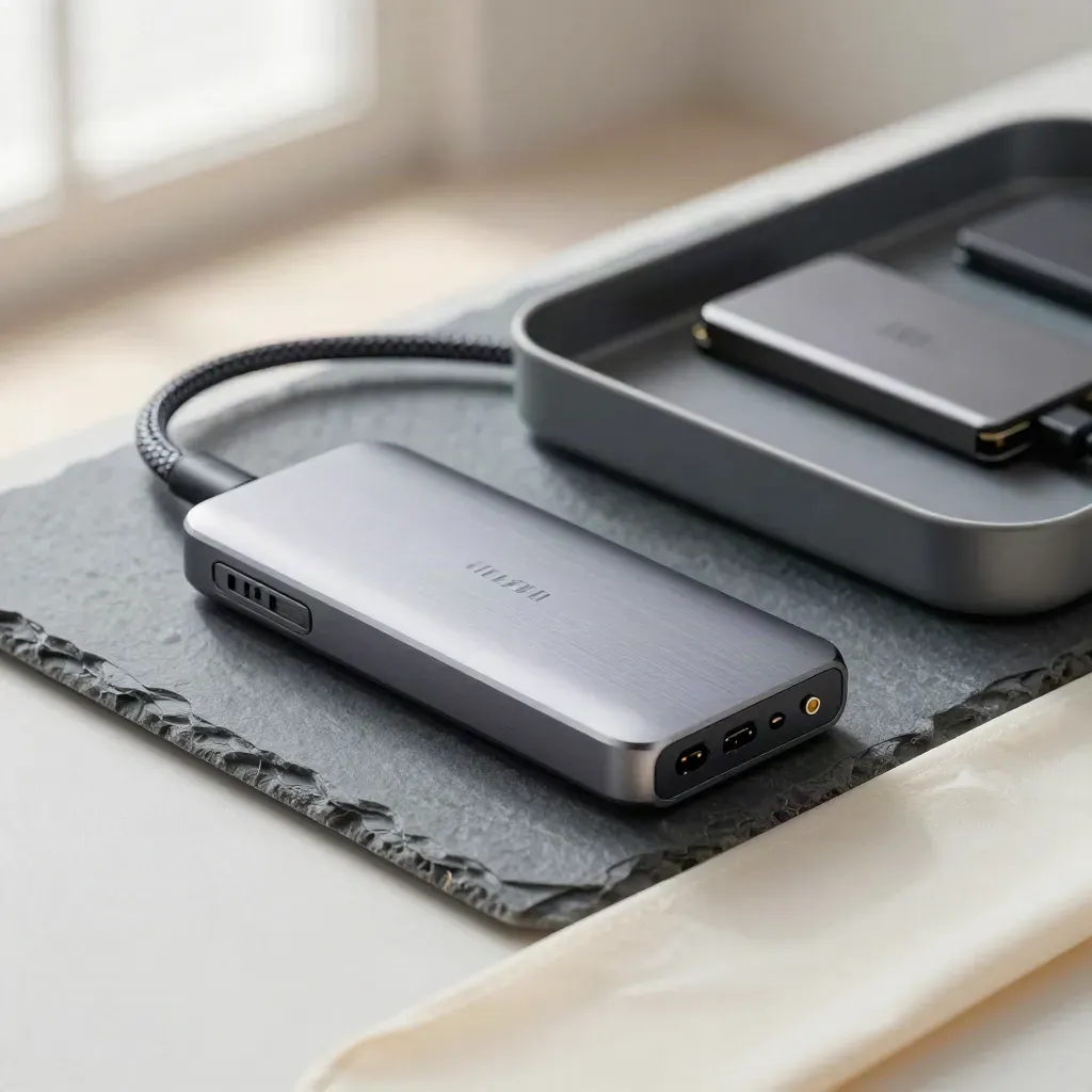 Macro docking hub, braided cable coil and spare SSD on slate stone with soft warm light.