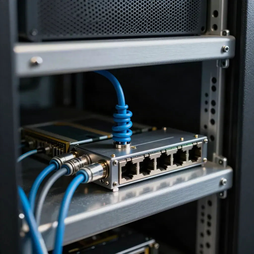 Patch-panel coupler, cyan fibre loop, and network bridge module on a server rack shelf