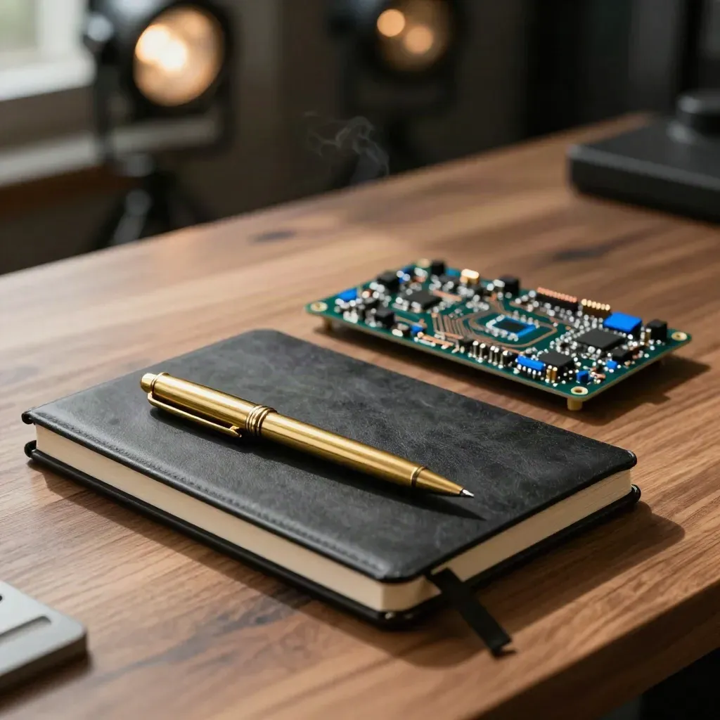 Black notebook, brass pen and prototype circuit board on walnut with warm bokeh light.