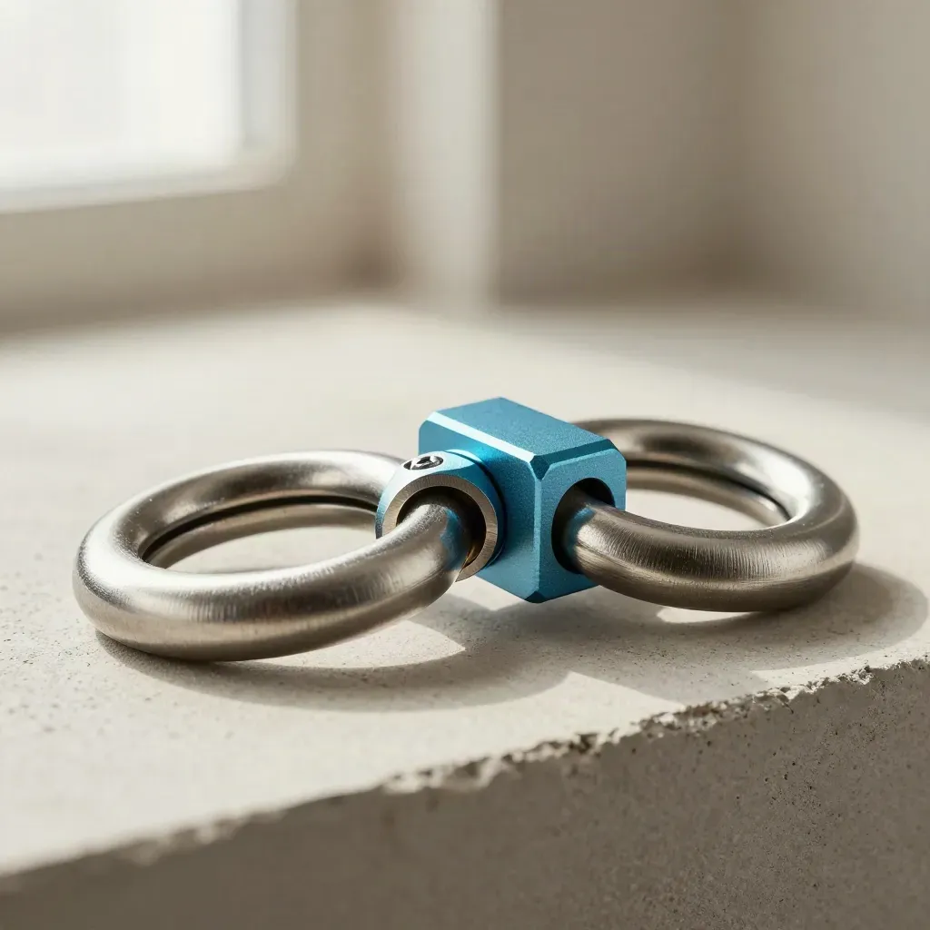 Macro of brushed steel integration rings and a connector block locking together on stone.
