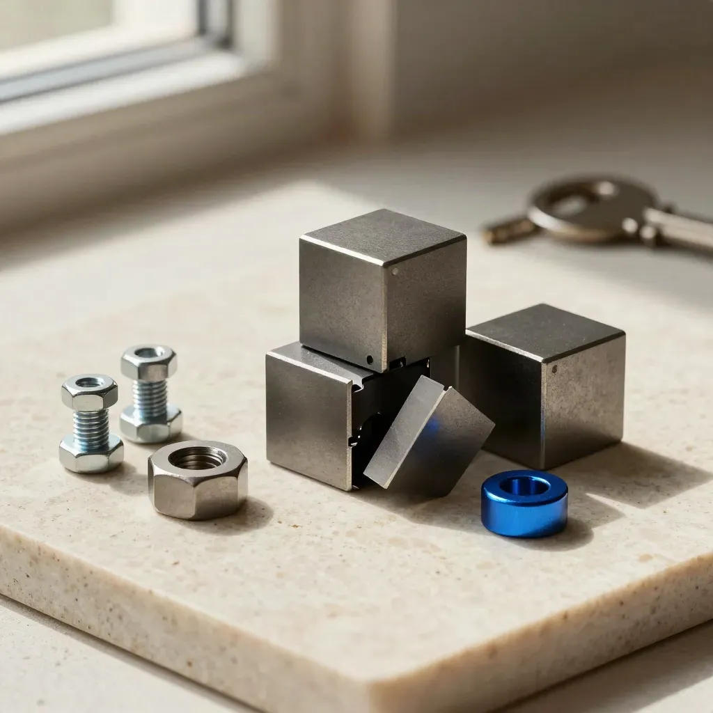 Graphite metal cubes and hex fasteners on limestone with one blue spacer, top-down.