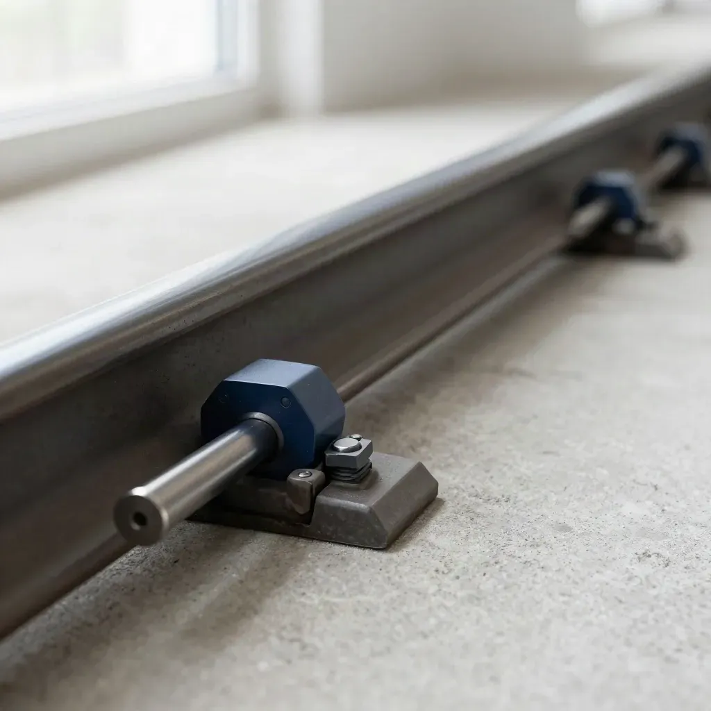 Macro still life of a rail channel, spring clip and alignment pin on cool concrete.