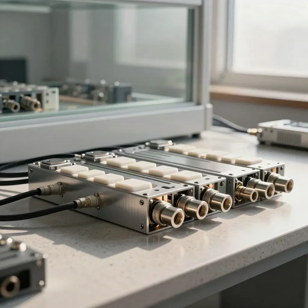 Modular aluminium blocks and cable adapters arranged in a premium lab still life.