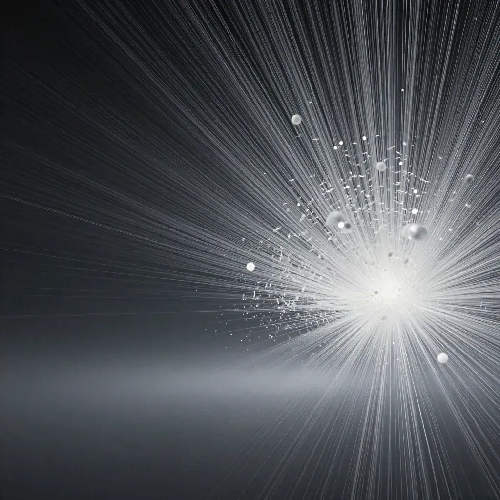 Silver filaments converge into a soft white bloom in deep graphite haze, off-centre.